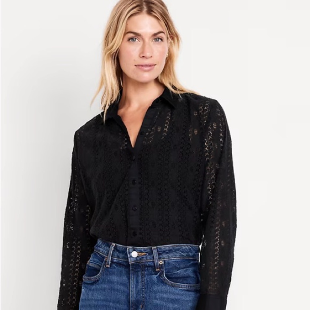 Black Lace Button-Down Shirt